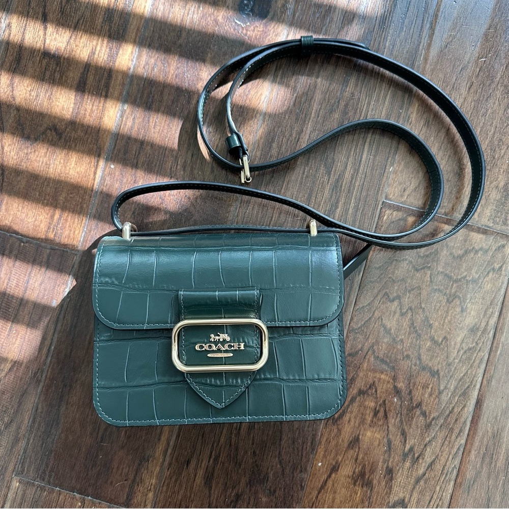 COACH Dark Green Croc-Embossed Leather Crossbody with Gold Hardware